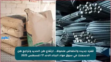 قفزة جديدة وانخفاض ملحوظ.. ارتفاع طن الحديد وتراجع طن الأسمنت في سوق مواد البناء الأحد 17 أغسطس 2025